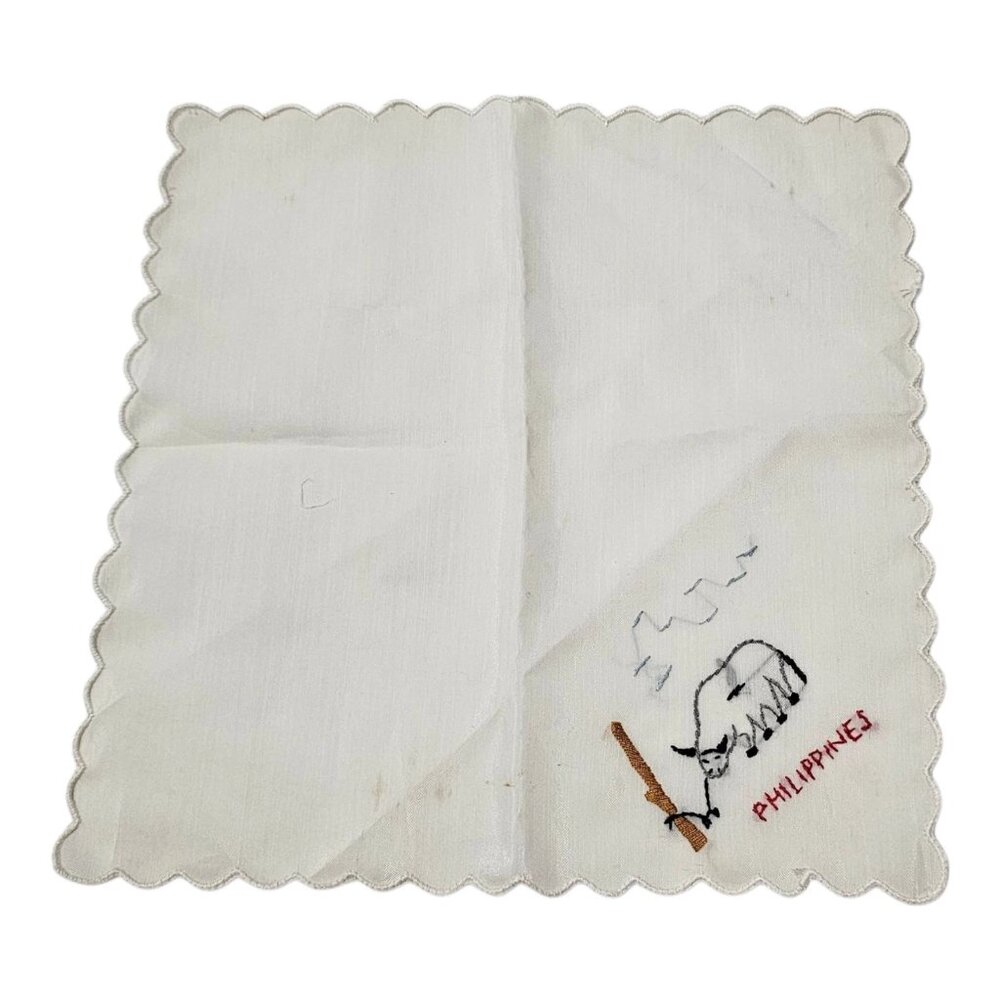Vintage Handkerchief Hankie Philippines Stitched Straw Hut Bull Ox Palm Tree - Picture 3 of 13